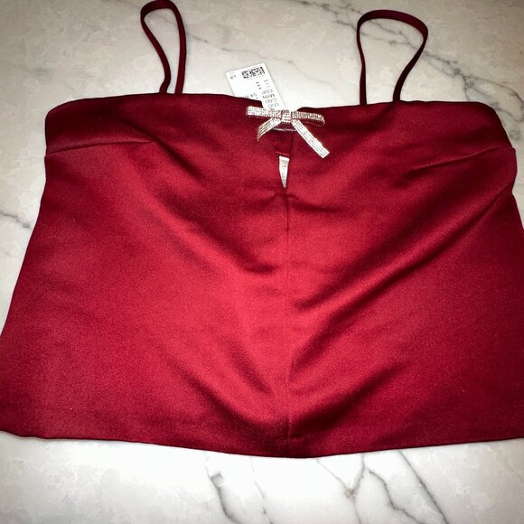 Divided Elegant Burgundy Satin Dress with Rhinestone Bow Detail – Medium Size - Picture 3 of 5